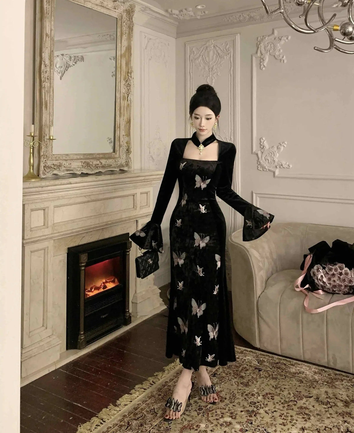 2-Piece Dark Fairy Butterfly Embroidered Velvet Dress with Choker